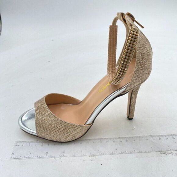 XYD Beige Glitter Open Toe Rhinestones Ankle Strap Sandals High Heel Bridal Shoe - Picture 2 of 8